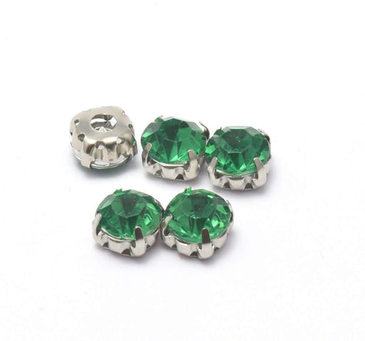 Achat 5 perles strass rond vert émeraude sertis 8x8x6 mm, Trou: 1 à 1.5 mm à coudre ou coller - Strass en acrylique