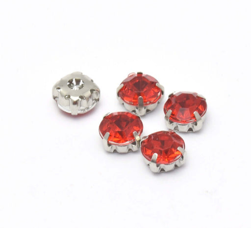 Achat 5 perles strass rond rouge sertis 8x8x6 mm, Trou: 1 à 1.5 mm à coudre ou coller - Strass en acrylique