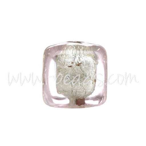 Achat Perle de Murano cube cristal rose clair et argent 6mm (1)