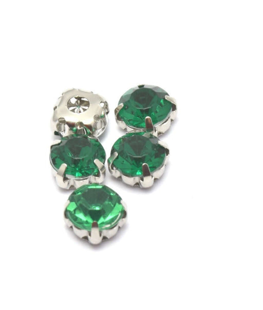 Achat au détail 5 perles strass rond vert sapin sertis 8x8x6 mm, Trou: 1 à 1.5 mm à coudre ou coller Strass en acrylique
