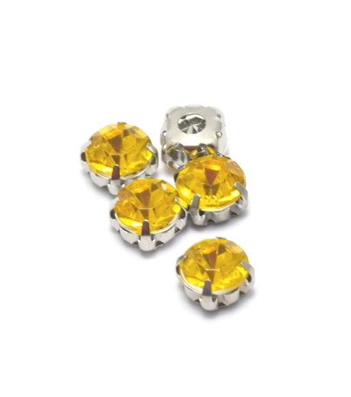Vente au détail 5 perles strass rond jaune or sertis 8x8x6 mm, Trou: 1 à 1.5 mm à coudre ou coller Strass en acrylique