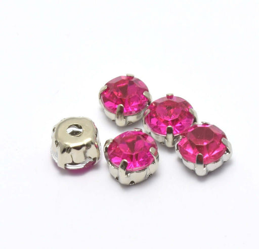 Achat 5 perles strass rond rose foncé sertis 8x8x6 mm, Trou: 1 à 1.5 mm à coudre ou coller - Strass en acrylique