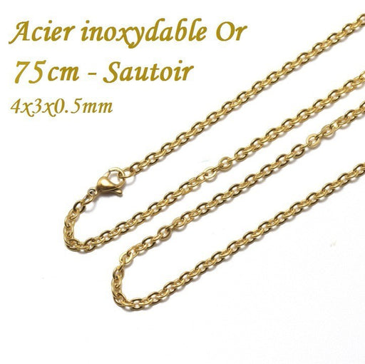 Vente grand sautoir collier complet 75 cm en acier inoxydable or, 4x3x0.5 mm avec fermoir, or ideal pour des pendentif, grand