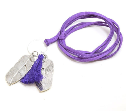 Achat Sautoir plume pompon en kit suédine violet purple. 70 cm à monter en un tour de main
