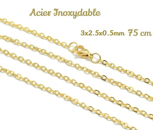 Achat grand sautoir collier complet 75 cm en acier inoxydable or, 3x2.5x0.5mm mm avec fermoir, or ideal pour des pendentif, grand