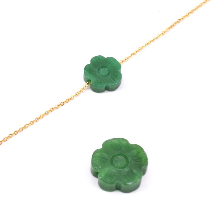 Vente Perle forme fleur en jade teintée verte sculptée 12x4mm, trou 1mm (1)